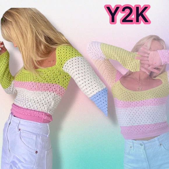 FOCUSNORM Sweaters - FOCUSNORM Colorblock Sweater Hollow Long Sleeve U-shaped Neck Knit Pullover